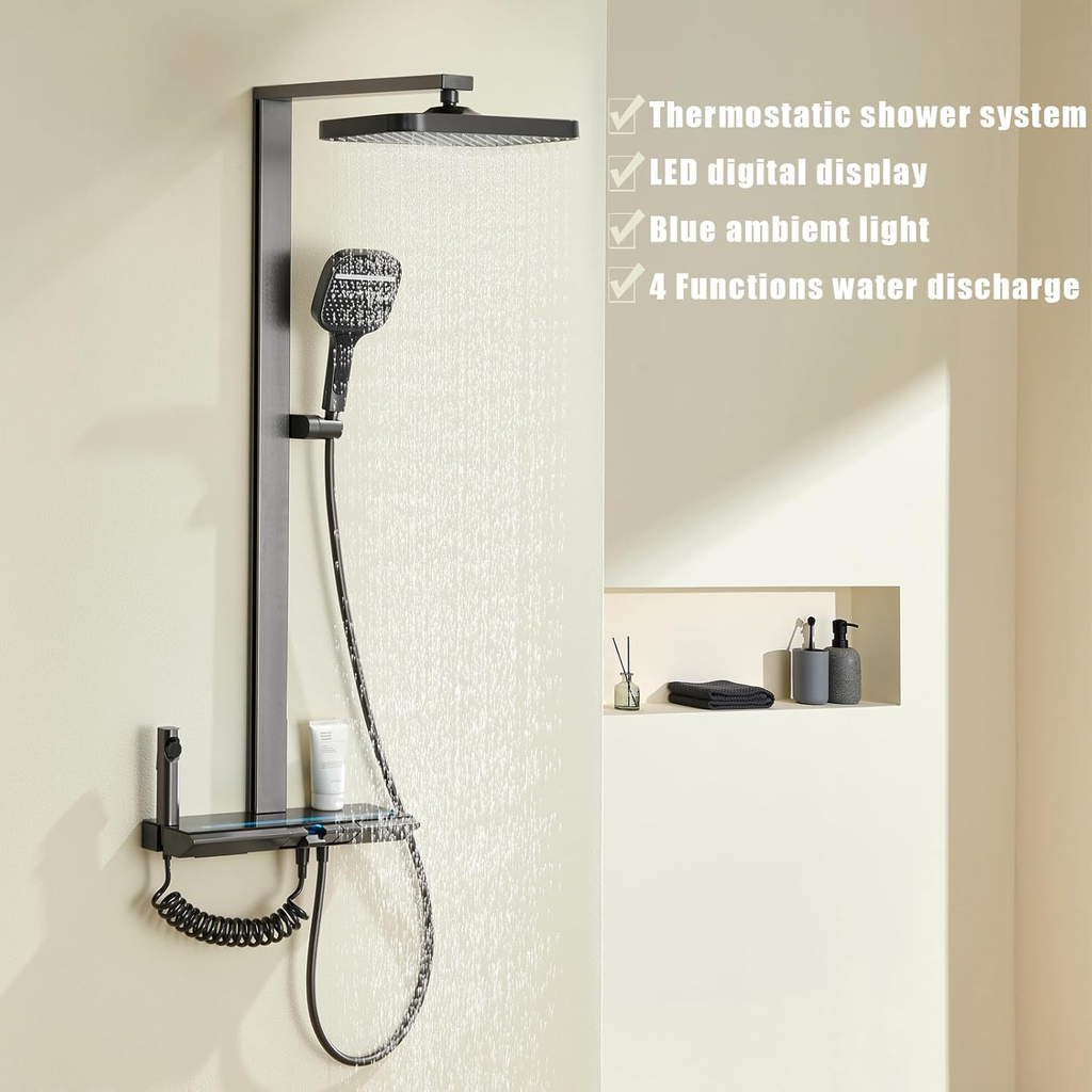 AQUAFINA SET DE DUCHA TIPO LLUVIA C/SOPORTE REFORZADO 2 TIEMP C/PANTALLA DIGITAL GRIS PLOMO