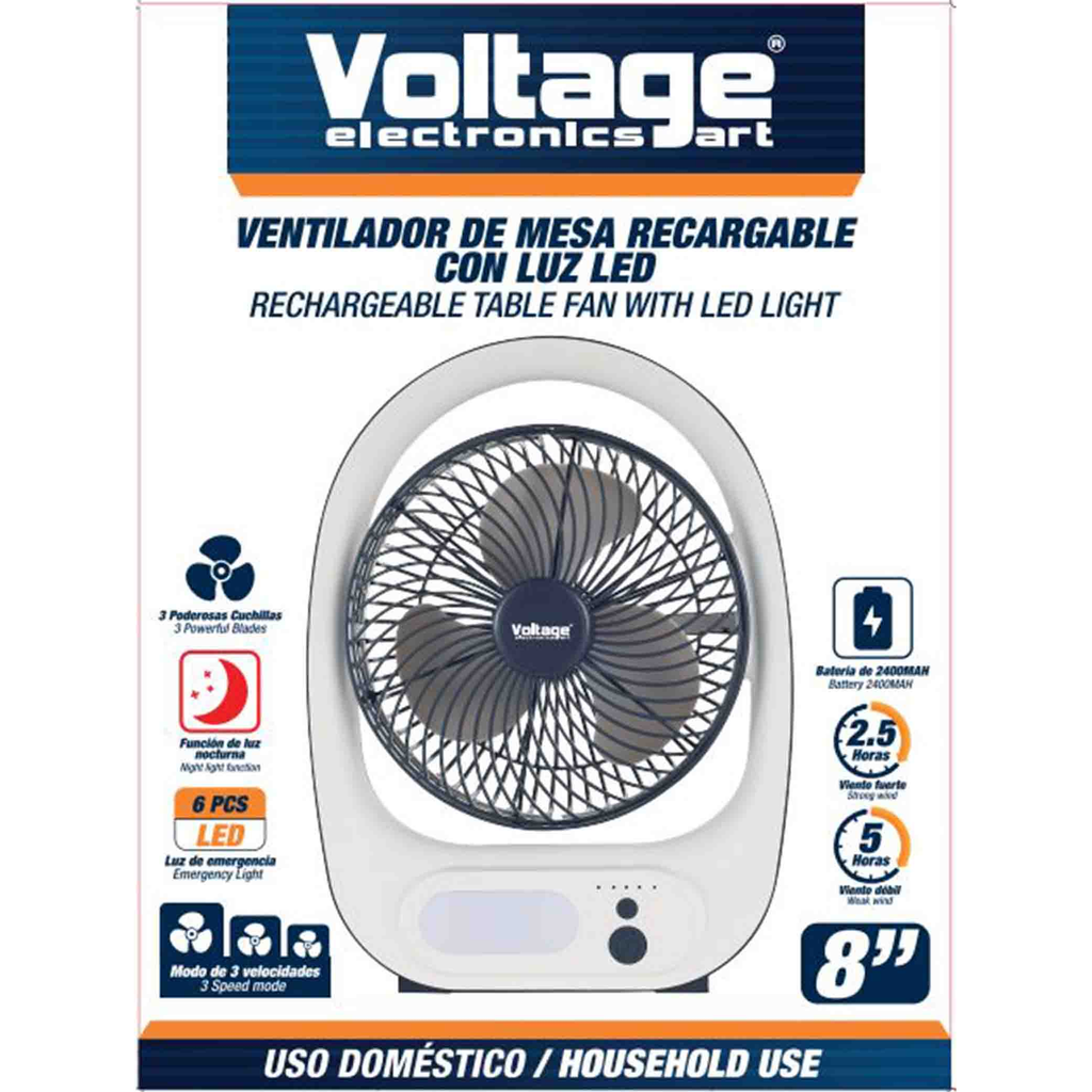 VOLTAGE VENTILADOR RECARGABLE DE MESA C/ LUZ LED