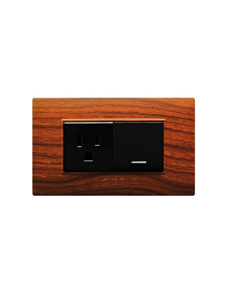 PICKENS PULSADOR SENCILLO 01 MODULO + 01 TOMACORRIENTE 2P +T COLOR MADERA CON NEGRO