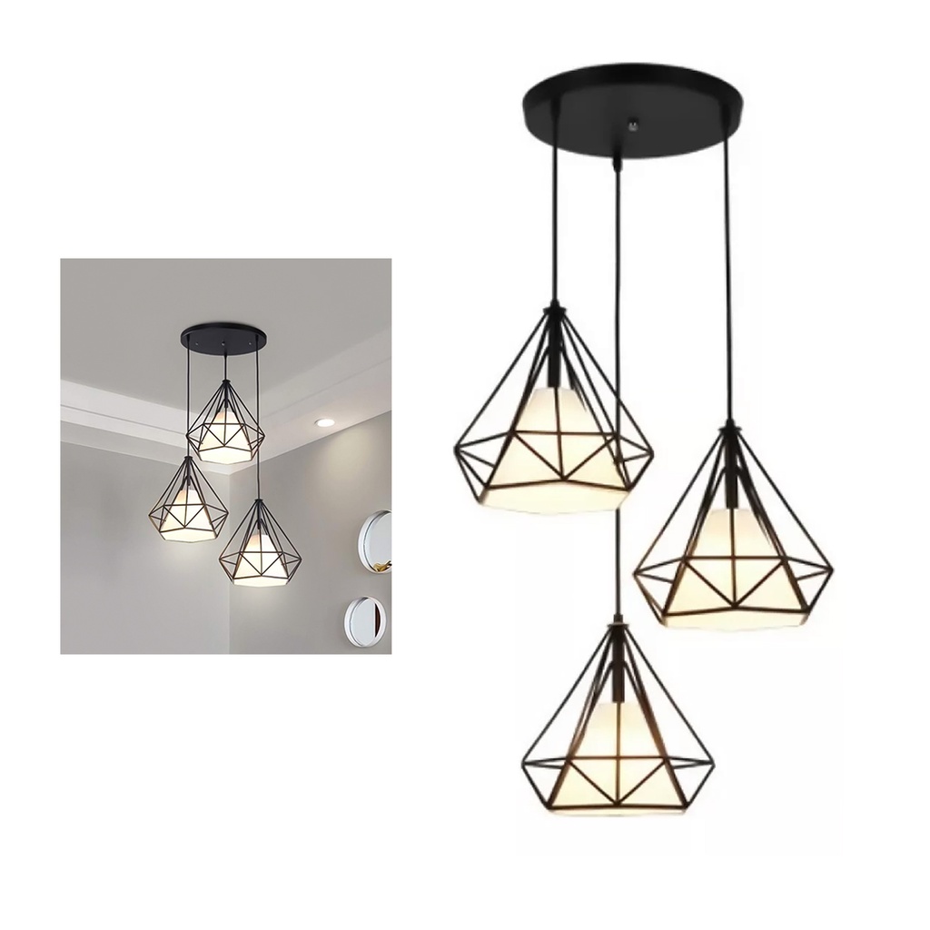 LAMPARA COLGANTE VINTAGE DE TRES LUCES TIPO JAULA.