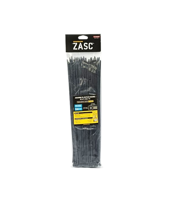 ZASC TIRRAP DE PLASTICO NEGRO 3.6 MM X 300 MM PQT 100 UND