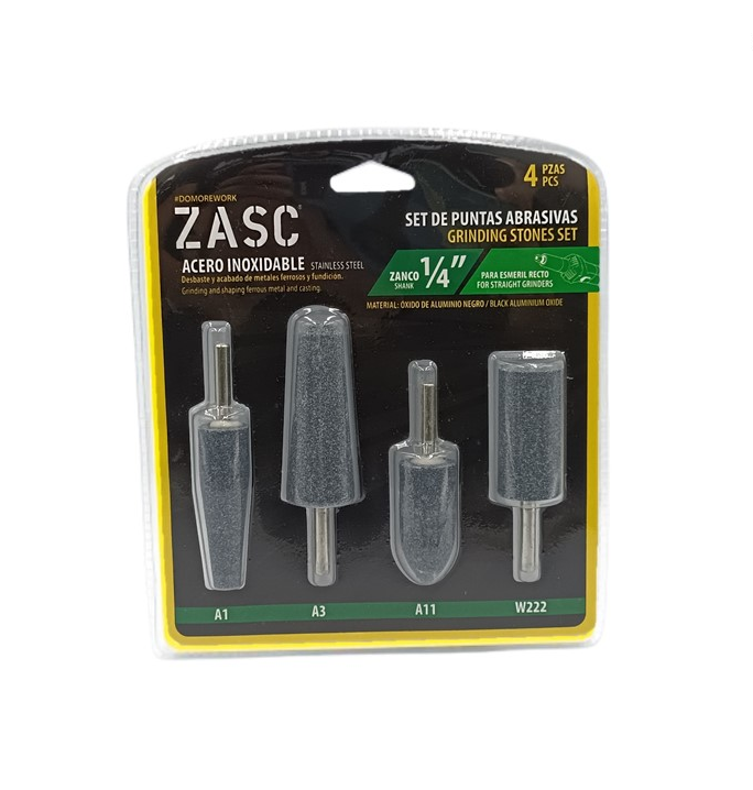 ZASC SET DE PUNTAS ABRASIVAS ACERO INOXIDABLE 1/4" DE 4 PZAS