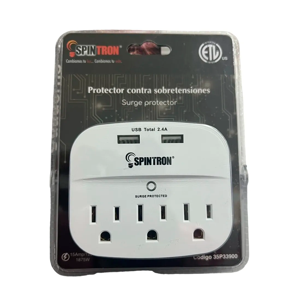 SPINTRON PROTECTOR DE VOLTAJE 3 TOMAS + 2USB 5v/2.4A BLANCO
