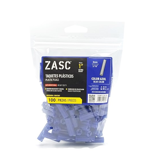 ZASC RAMPLUG PLASTICO 5/16"X1" AZUL 100 PZS