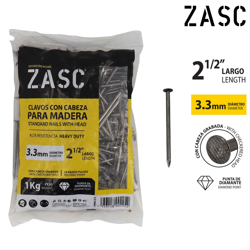 ZASC CLAVOS CON CABEZA PARA MADERA 2.6MMX2" 1KG
