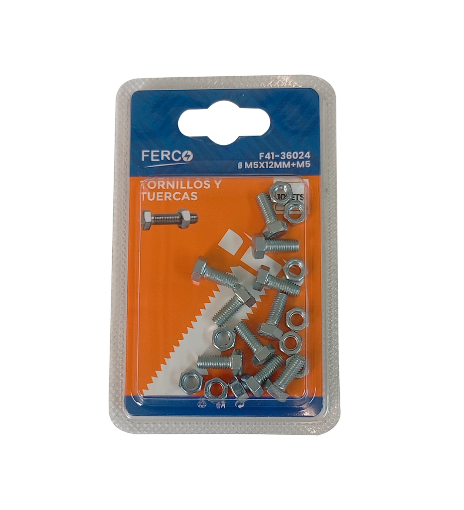 FERCO TORNILLO CON TUERCA HEXAGONAL ROSCA FINA M5 X 12MM