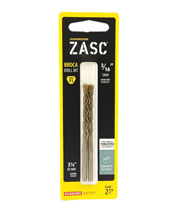 ZASC JUEGO DE MECHAS P/CONCRETO PUNTA DE CARBURO DE TUNGSTENO 3/16''