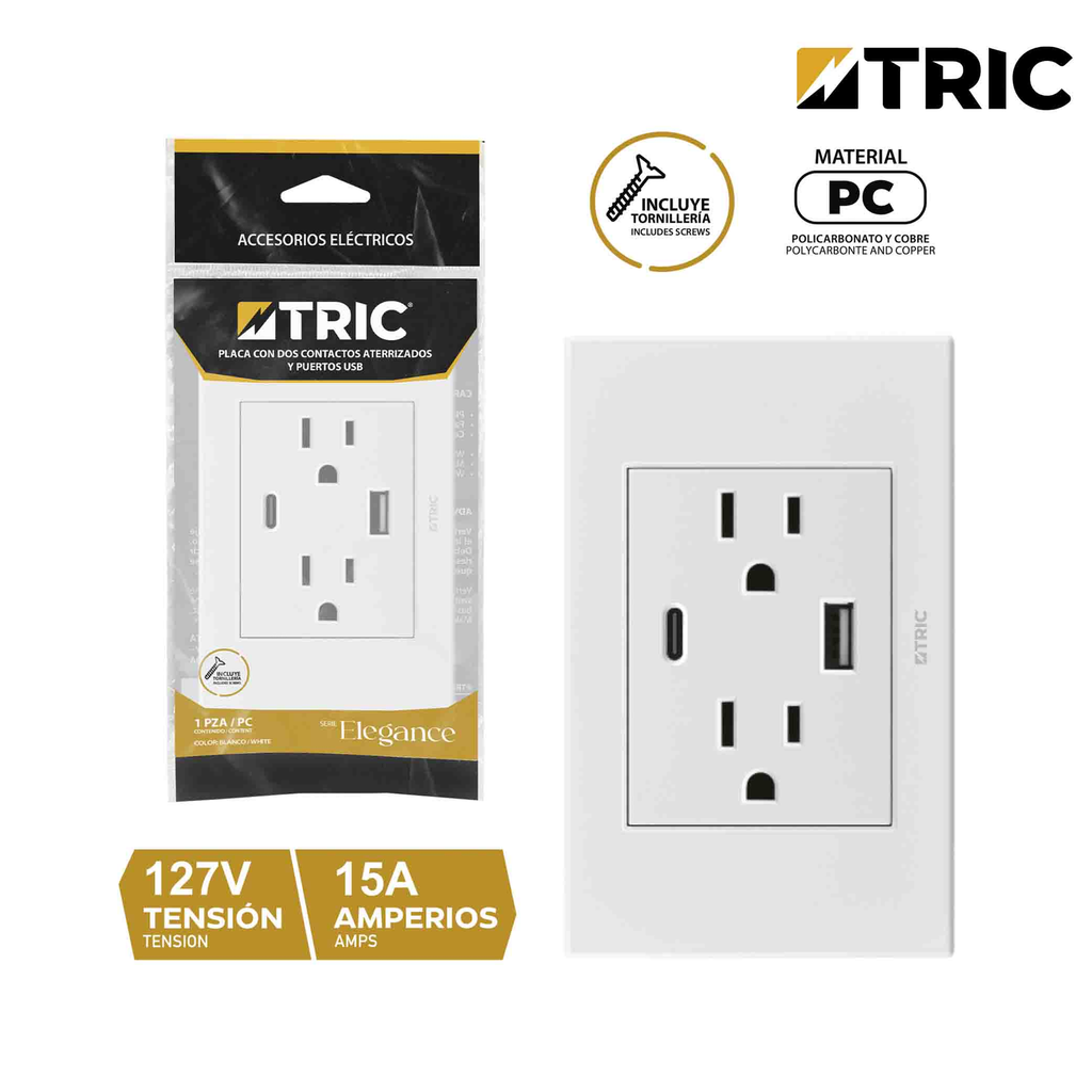 TRIC  TOMA DOBLE 2 POLOS +TIERRA+PUERTO USB-C