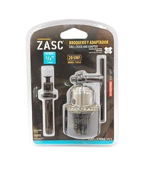 ZASC MANDRIL CON LLAVE Y ADAPTADOR 1/2" (APROX 13MM) (3 PZAS)