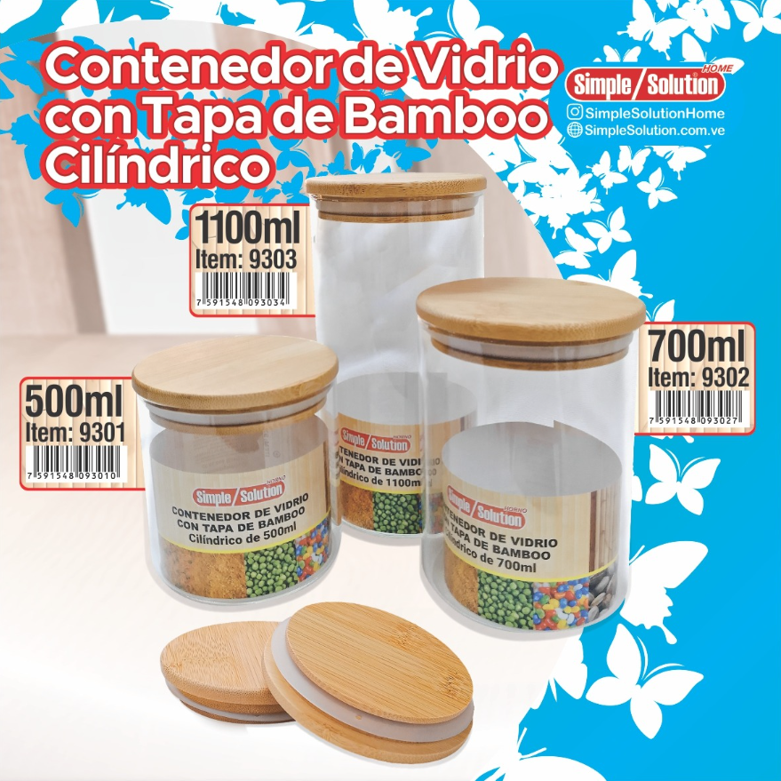 SIMPLE SOLUTION ENVASE CILINDRICO DE VIDRIO C/TAPA DE BAMBOO 1100ML