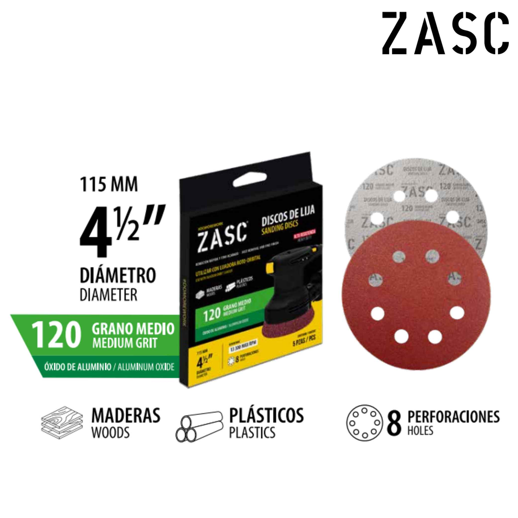 ZASC DISCO DE LIJA 4 1/2´´ 115MM 8 PERFORACIONES SET 5PZAS  120 GRANO MEDIO