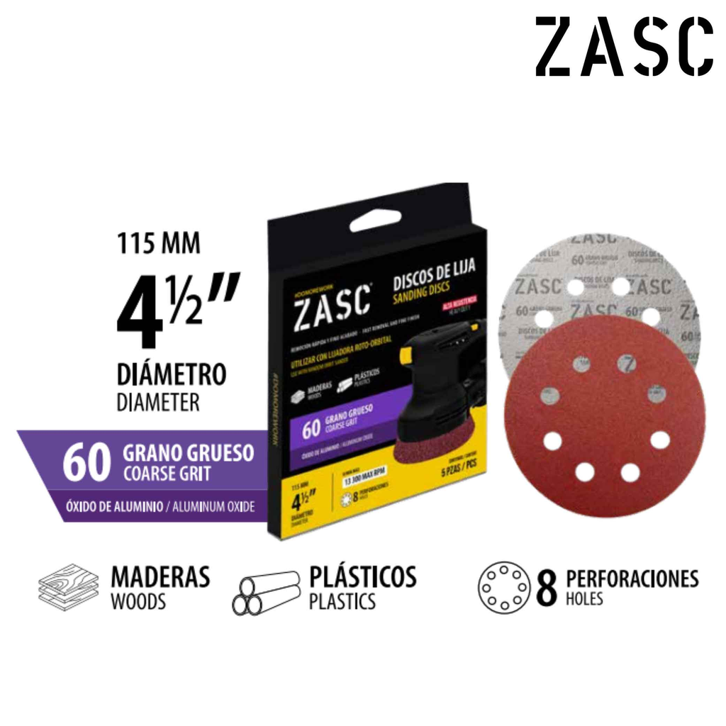 ZASC DISCO DE LIJA 4-1/2¨ 115MM 8 PERFORACIONES  ( SET 5 PZAS ) 60 GRAMOS