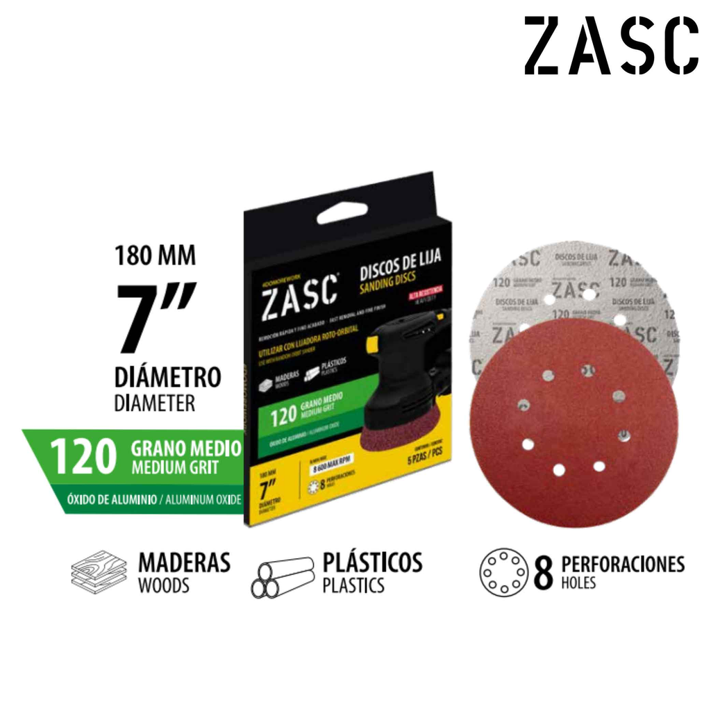 ZASC DISCO DE LIJA 7¨ 180MM 8 PERFORACIONES (SET 5PZAS)120 GRAMO MEDIO