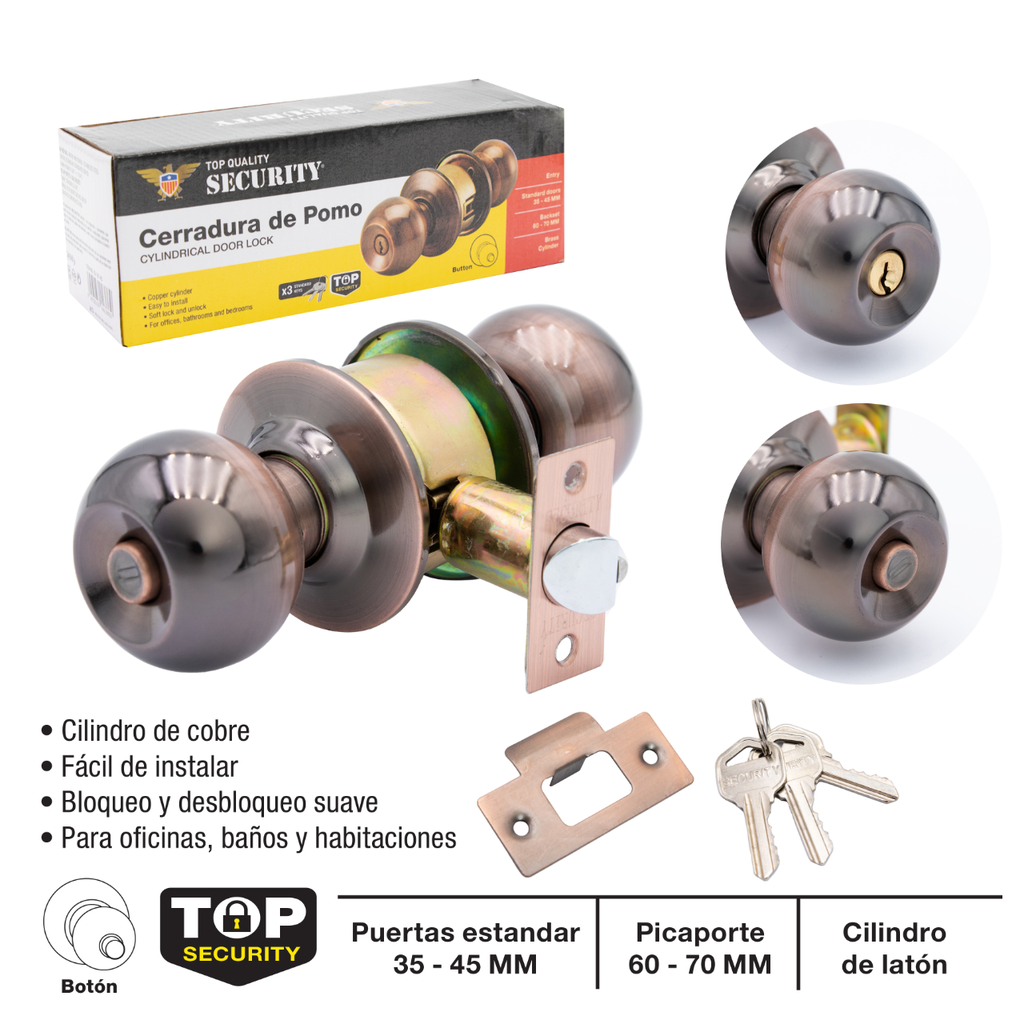 SECURITY CERRADURA DE POMO (COBRE) CON BOTON