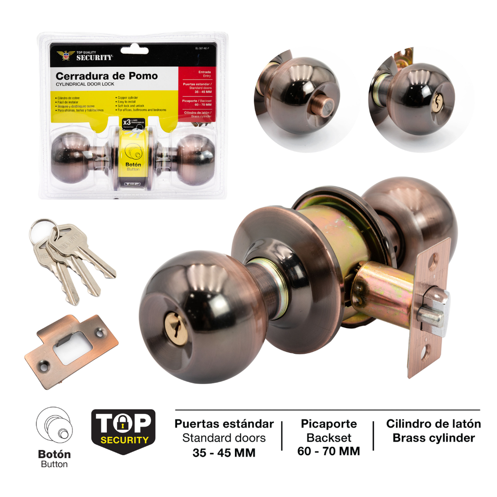SECURITY CERRADURA DE POMO (COBRE) CON BOTON