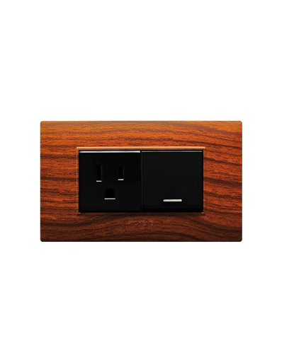 [118K-07-TKNG] PICKENS PULSADOR SENCILLO 01 MODULO + 01 TOMACORRIENTE 2P +T COLOR MADERA CON NEGRO