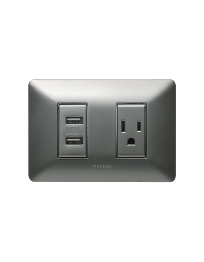 [PL-1237] PICKENS TOMACORRIENTE 2 POLOS C/CONEXION A TIERRA+CARGADOR DOBLE USB TABL/SMARTHONES PLATEADO