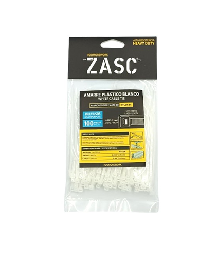 [Z-CT2.5X100MM-W] ZASC TIRRAP DE PLASTICO BLANCO 2.5 MM X 100 MM PQT 100 UND