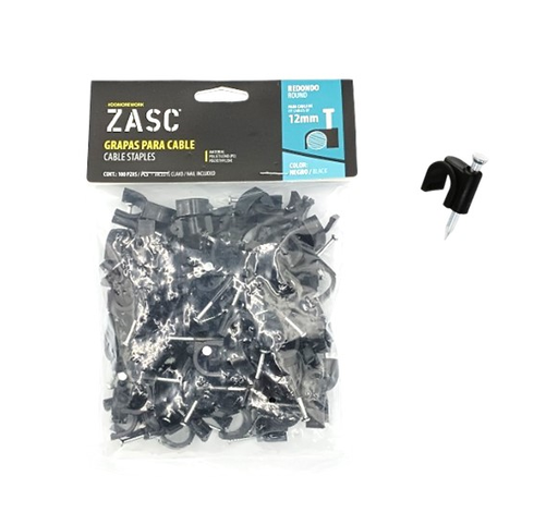 [Z-RCS-12-BK] ZASC GRAPA PLASTICA P/CABLE, 12MM, NEGRO C/CLAVO (100 PZS)