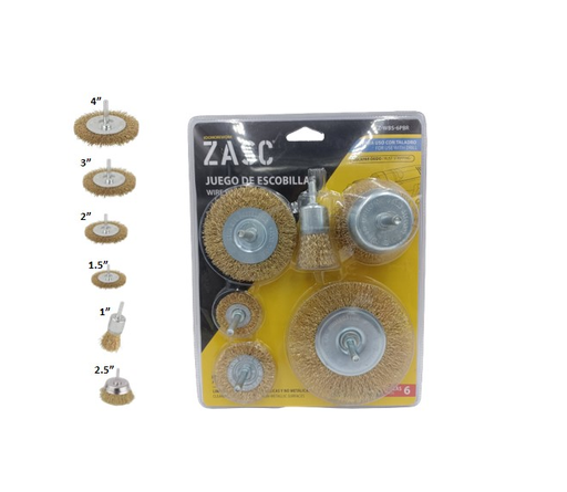 [Z-WBS-6PBR] ZASC SET DE CEPILLOS DE ALAMBRE P/TALADRO 6 PZS