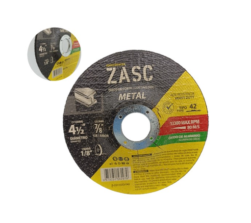 [Z-CD115X3-T42] ZASC DISCO DE CORTE (METAL) 4-1/2" X 7/8" X 1/8" 3 00MM