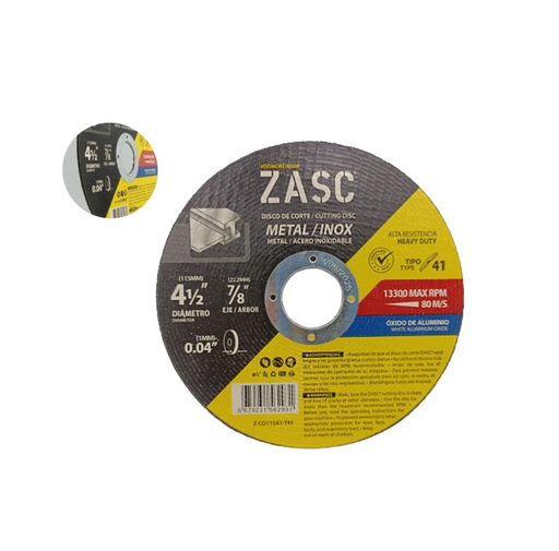 [Z-CW115X1-T41] ZASC DISCO DE CORTE PLANO 41/2" X 1.25" EXTRA FINO