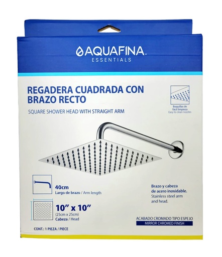 [A-SHS10-4] AQUAFINA REGADERA CUADRADA 10" C/BRAZO RECTO 40CM ACABADO DORADO
