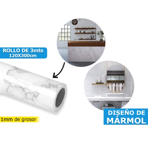 [HR-588] VINIL PARA PARED MARMOL BLANCO(120X300CM) ROLLO X 3MTS