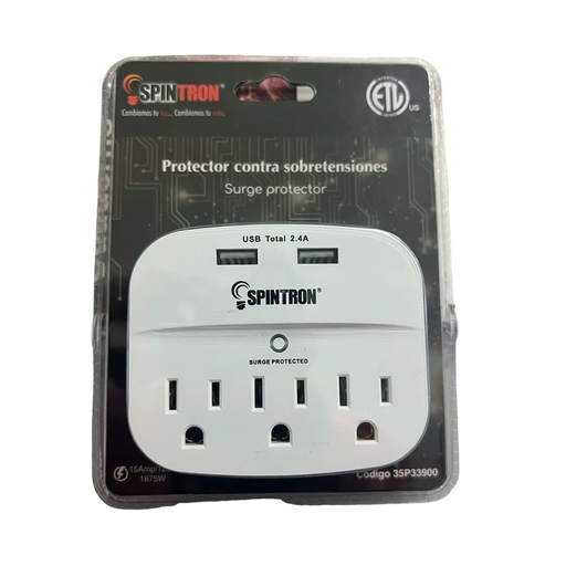 [35P33900] SPINTRON PROTECTOR DE VOLTAJE 3 TOMAS + 2USB 5v/2.4A BLANCO
