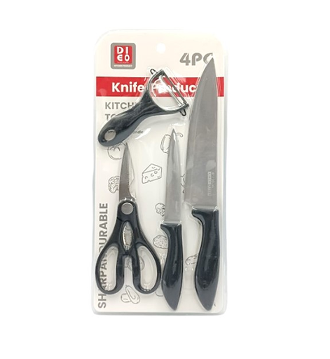 [MTL1412317] DIEO FVN SET DE CUCHILLO +TIJERA Y PELA PAPAS 4 PZAS MANGO PLASTICO