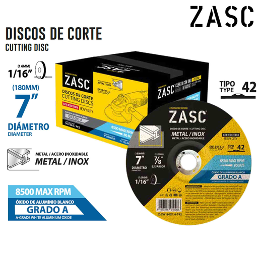 [Z-CW180X1.6-T42] ZASC DISCO DE CORTE METAL 7"X7/8"X1/16" ULTRAFINO