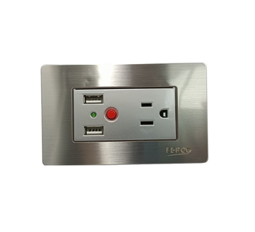[FEI-A235G] FERCO TOMA SENCILLA  2 POLOS +TIERRA +CARGADOR DOBLE USB METAL GRIS