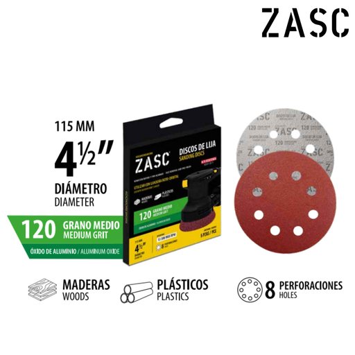 [Z-SD115-120ROS] ZASC DISCO DE LIJA 4 1/2´´ 115MM 8 PERFORACIONES SET 5PZAS  120 GRANO MEDIO
