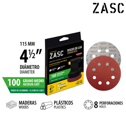 [Z-SD115-100ROS] ZASC DISCO DE LIJA 4-1/2¨ 115MM 8 PERFORACIONES  (SET 5 PIEZAS)