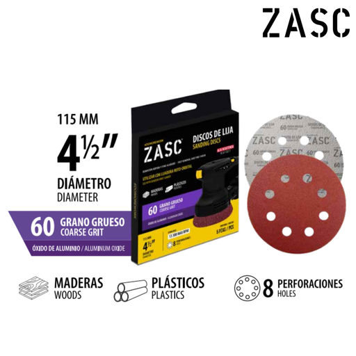 [Z-SD115-60ROS] ZASC DISCO DE LIJA 4-1/2¨ 115MM 8 PERFORACIONES  ( SET 5 PZAS ) 60 GRAMOS(SET 5 PIEZAS) 6