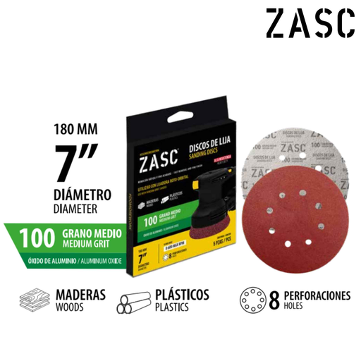 [Z-SD180-100ROS] ZASC DISCO DE LIJA 7¨ 180MM 8 PERFORACIONES (SET 5PZAS)100GRANO MEDIO