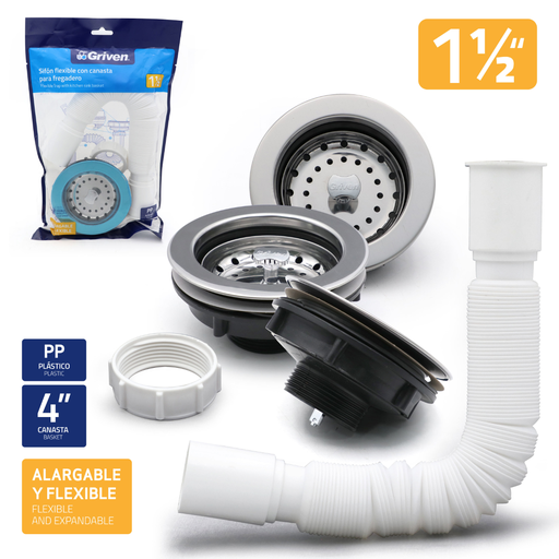 [A367-HDB114] GRIVEN SIFON FLEXIBLE CON CANASTA PARA FREGADERO