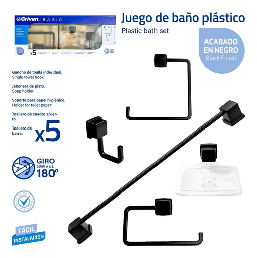 [GVB-BSB-5PC] GRIVEN ACCESORIO DE BAÑO 5 PZAS PLAST NEGRO