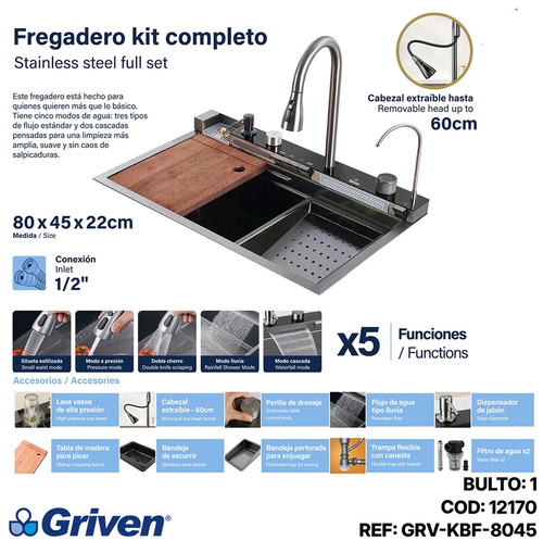 [GRV-KBF-8045] GRIVEN FREGADERO TODO EN UNO ACERO INOX